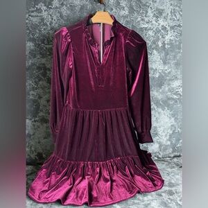 1.State WOMEN’s Balloon Sleeve Tiered Velvet Trapeze Dress Magenta Sz XS
